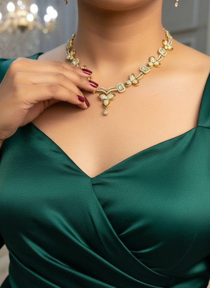 Statement Mint Green CZ & Gold-Tone Choker Set | Wide Textured Necklace & Matching Drop Earrings | Modern Festive Wear