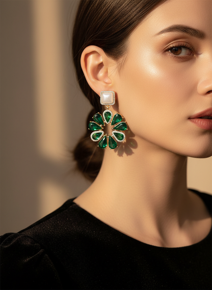 Elegant Emerald Green Crystal Dangle Earrings with Pearl Top