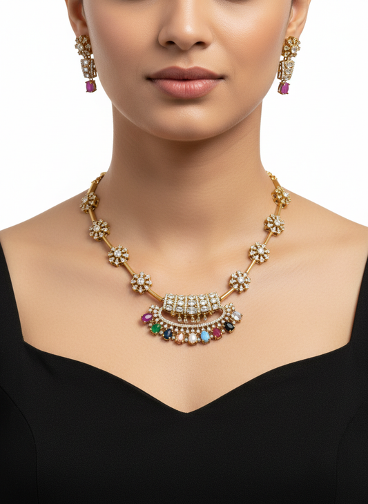 Elegant Gold-Tone CZ Necklace Set with Colorful Drops