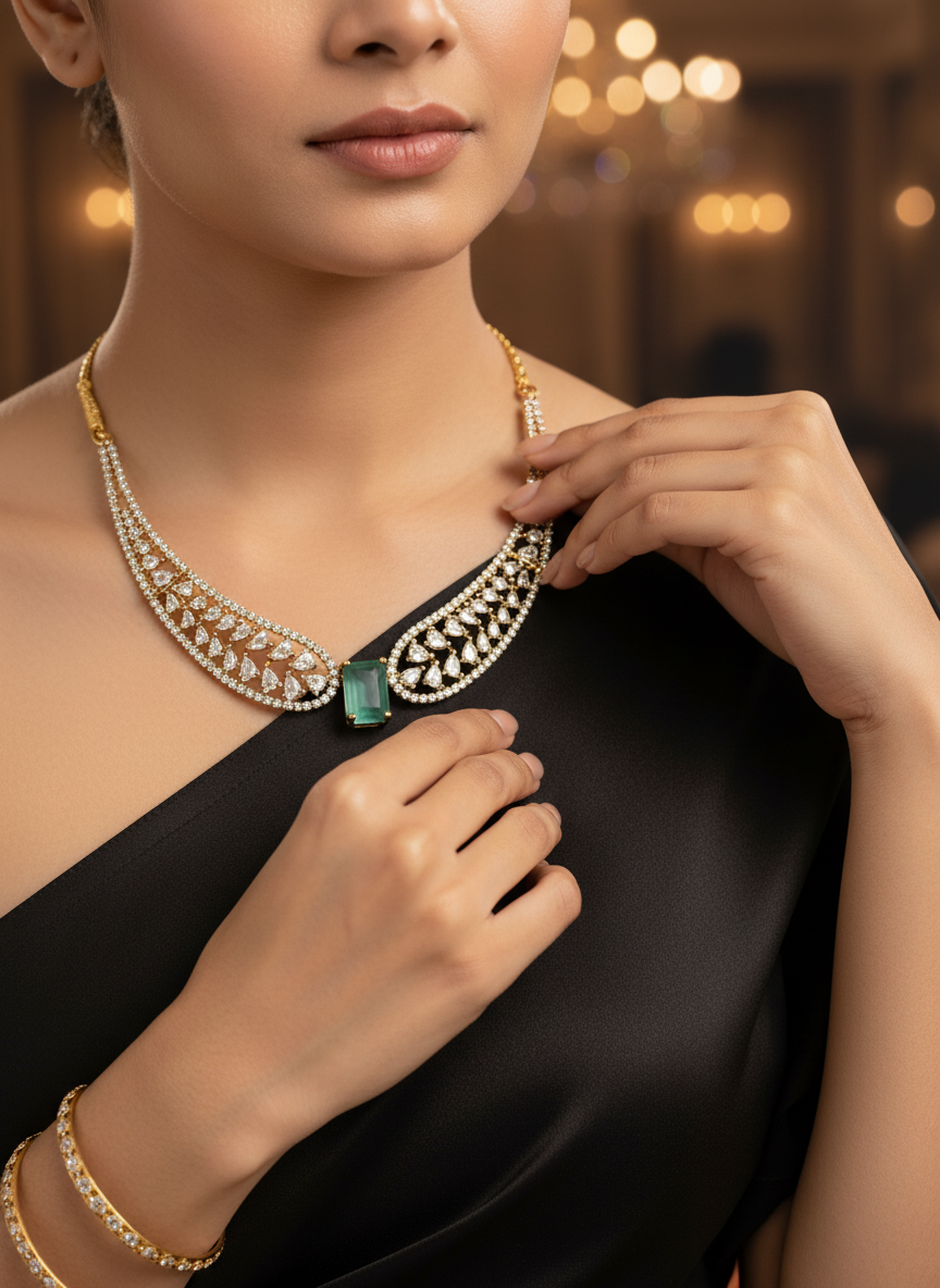 Mint Green American Diamond (AD) Necklace Set – Gold Plated Crystal Leaf Collar Necklace for Wedding & Party