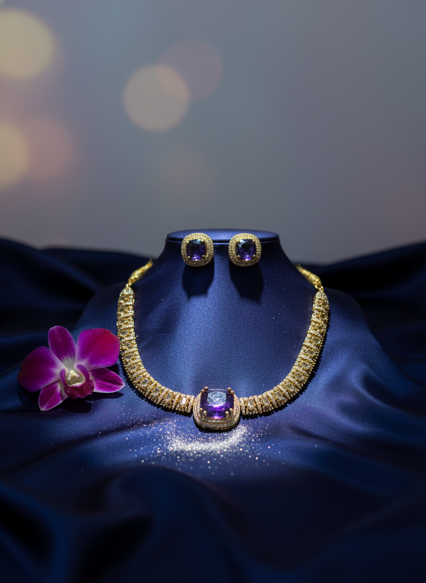 Traditional Ruby & Emerald CZ Link Necklace Set | Gold-Tone Festive Statement Jewelry with Matching Stud Earrings