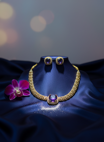 Traditional Ruby & Emerald CZ Link Necklace Set | Gold-Tone Festive Statement Jewelry with Matching Stud Earrings