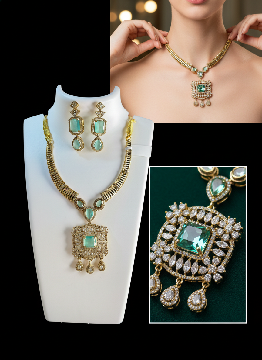 Elegant Mint Green/Aquamarine CZ Link Necklace & Earring Set | Gold-Tone Modern Festive Jewelry