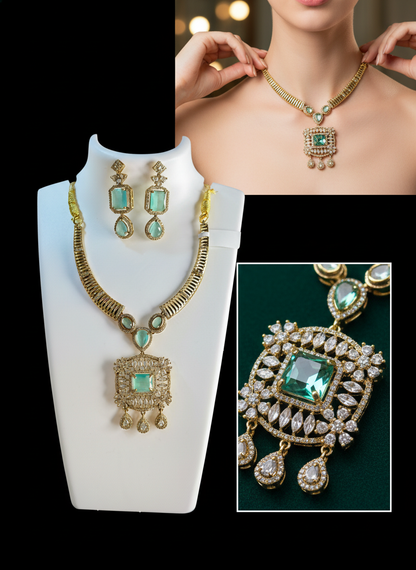Elegant Mint Green/Aquamarine CZ Link Necklace & Earring Set | Gold-Tone Modern Festive Jewelry
