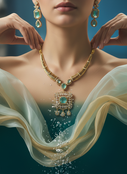 Elegant Mint Green/Aquamarine CZ Link Necklace & Earring Set | Gold-Tone Modern Festive Jewelry