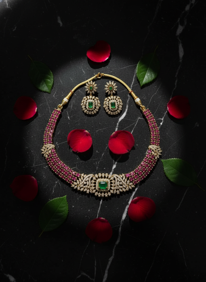 Royal Ruby & Emerald CZ Necklace Set | Gold-Plated American Diamond Bridal Jewelry