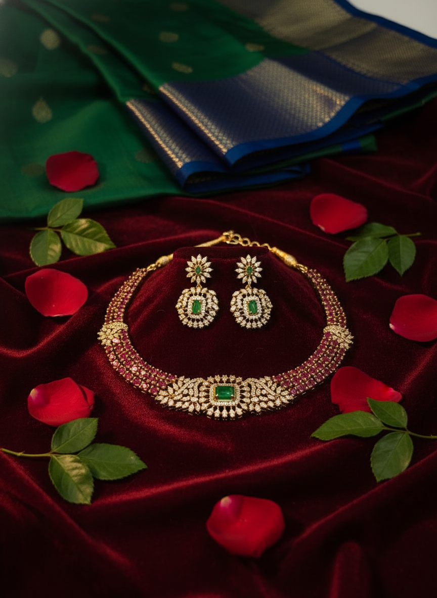 Royal Ruby & Emerald CZ Necklace Set | Gold-Plated American Diamond Bridal Jewelry