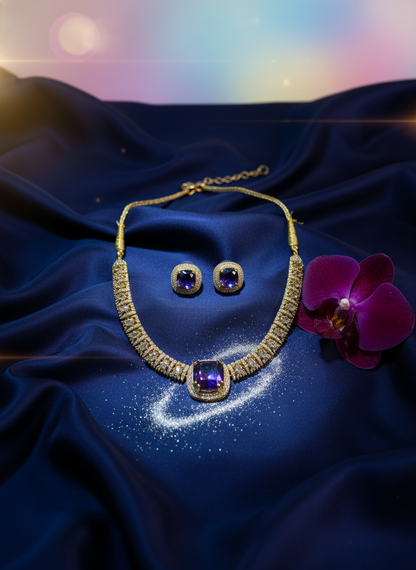 Traditional Ruby & Emerald CZ Link Necklace Set | Gold-Tone Festive Statement Jewelry with Matching Stud Earrings