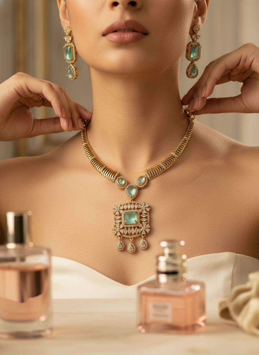 Elegant Mint Green/Aquamarine CZ Link Necklace & Earring Set | Gold-Tone Modern Festive Jewelry
