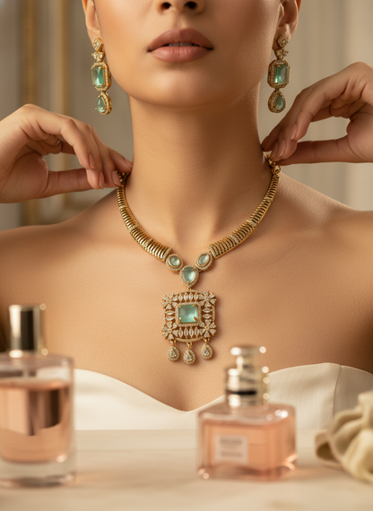 Elegant Mint Green/Aquamarine CZ Link Necklace & Earring Set | Gold-Tone Modern Festive Jewelry