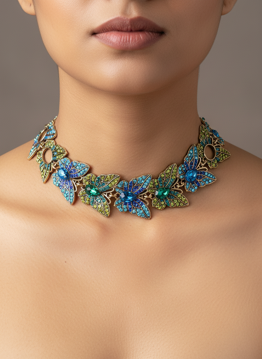 Vibrant Blue & Green Crystal Butterfly Choker Necklace