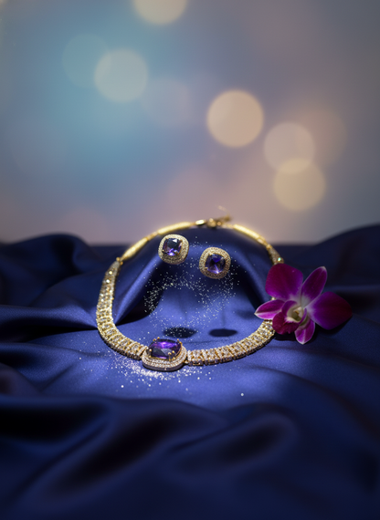 Traditional Ruby & Emerald CZ Link Necklace Set | Gold-Tone Festive Statement Jewelry with Matching Stud Earrings