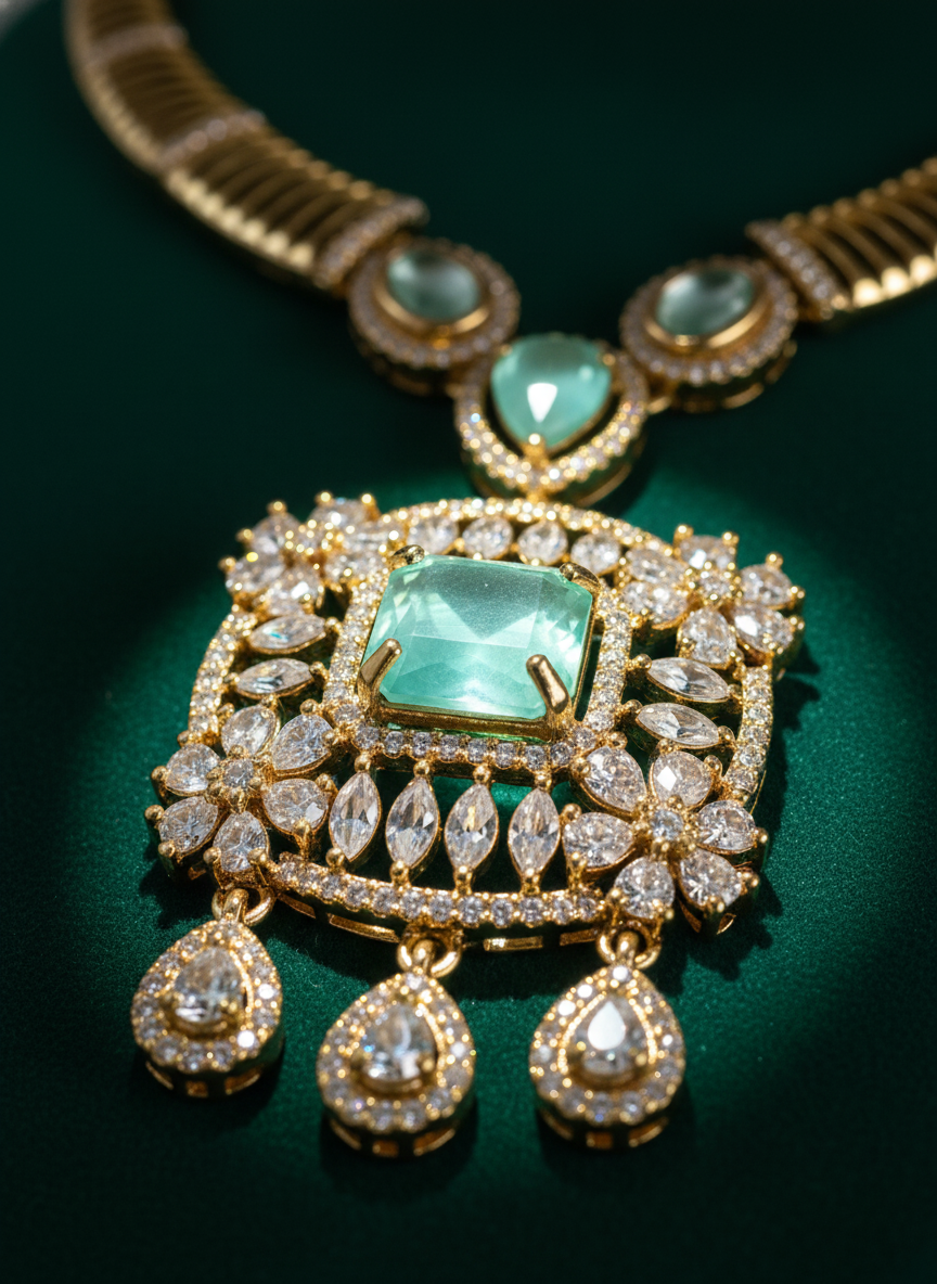 Elegant Mint Green/Aquamarine CZ Link Necklace & Earring Set | Gold-Tone Modern Festive Jewelry