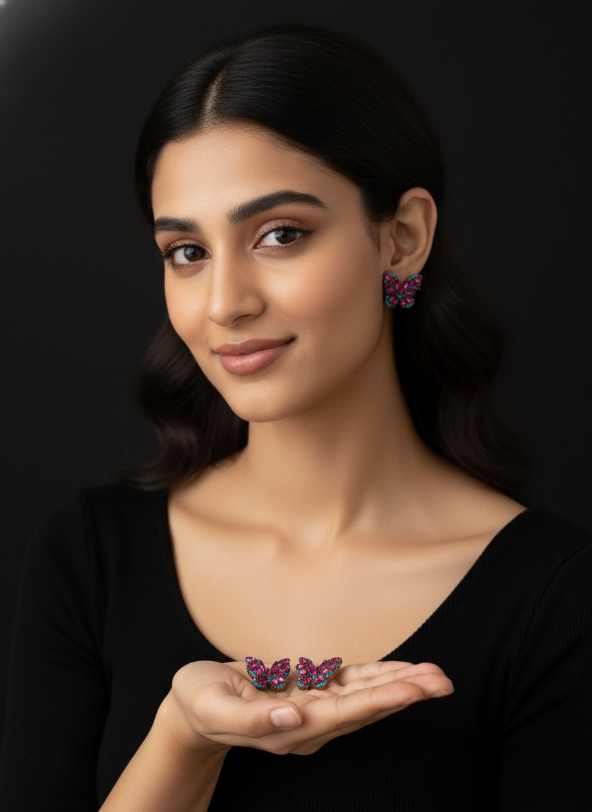 Vibrant Butterfly Gemstone Stud Earrings | Pink & Turquoise Pavé Design | Unique Statement Jewelry