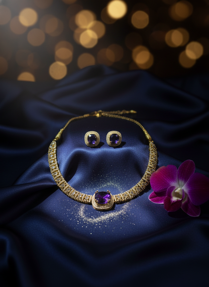 Traditional Ruby & Emerald CZ Link Necklace Set | Gold-Tone Festive Statement Jewelry with Matching Stud Earrings