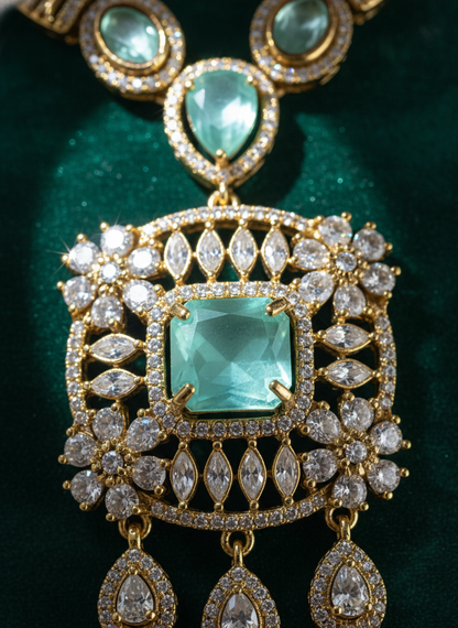 Elegant Mint Green/Aquamarine CZ Link Necklace & Earring Set | Gold-Tone Modern Festive Jewelry
